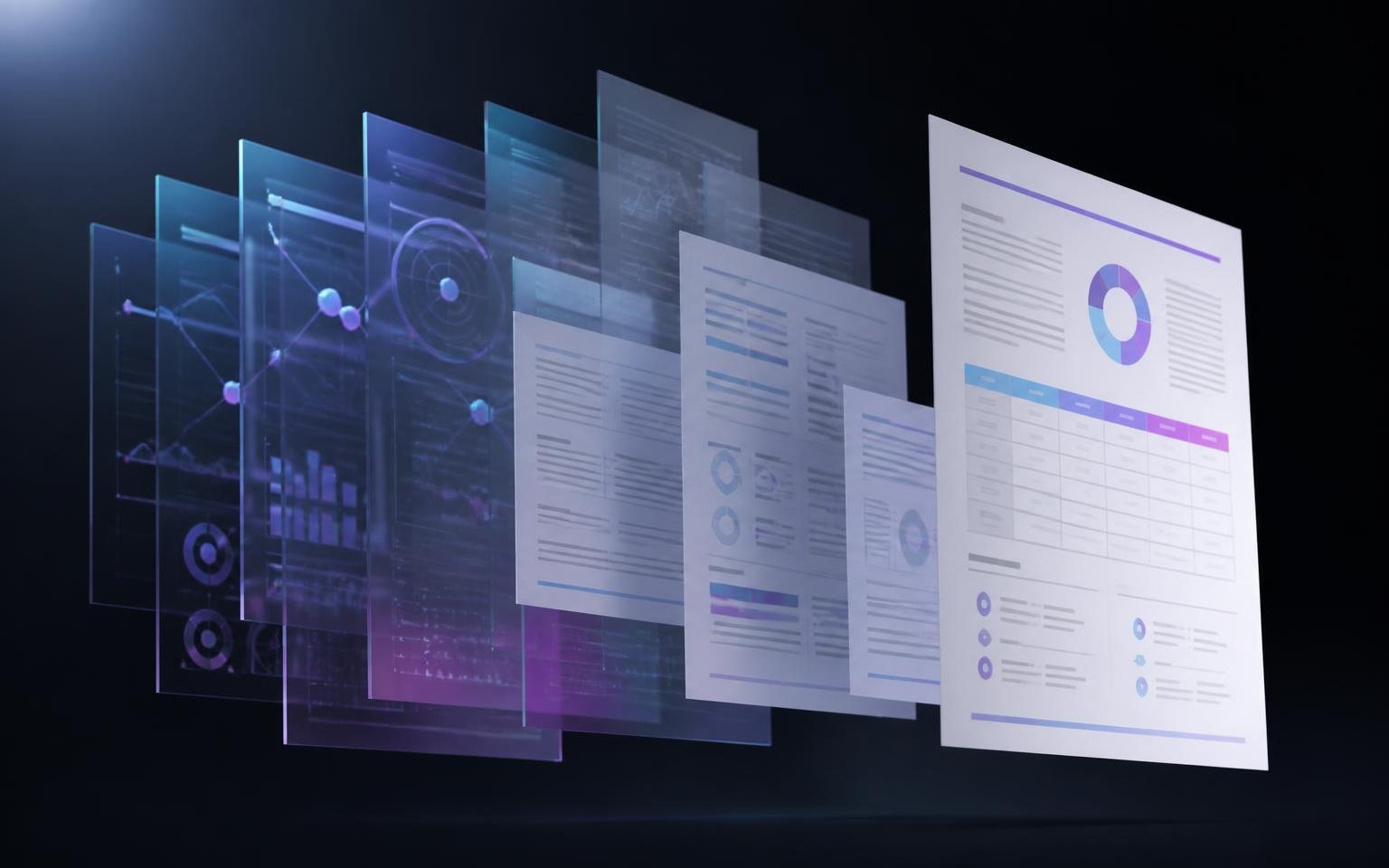 Layered health plan documents and network diagrams resolving into one clear, organized page